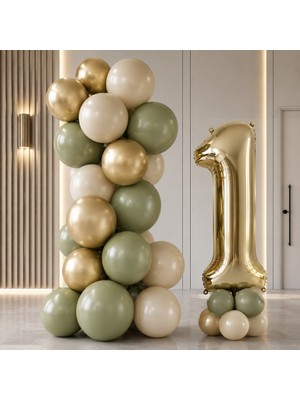 Tedaks Gold Retro Doğum Günü Seti Küf Yeşili Kum Beji Gold Balonlar Gold Folyo Rakam Parti Süsleme