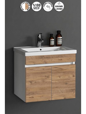 Özceden Çiğdem 65 cm Beyaz -Atlantik Çam Mdf Seramik Lavabolu Asma Banyo Alt Dolabı