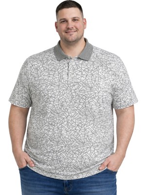 Battal Moda Erkek Büyük Beden Açık Gri Polo Yaka Mozaik Kısa Kollu Tişört 3xl-4xl-5xl-6xl
