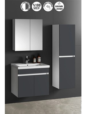 Özceden Çiğdem 55+35 cm Beyaz-Antrasit Gri Mat Mdf Seramik Lavabolu Asma Banyo Dolabı Takımı