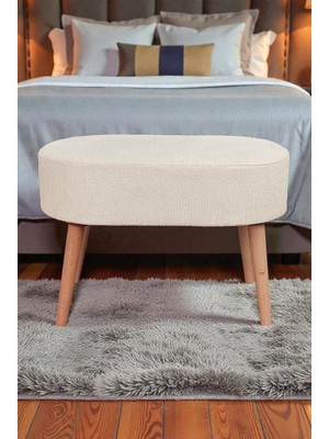 İhvan Online Ahşap Ayaklı Oval Puf Bench Geniş Oturum Alanlı Puf Sandalye  - Krem - (60X40 Cm)