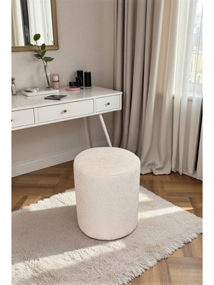 İhvan Online Dekoratif Silindir Puf – Ahşap Iskeletli, Oturma ve Yatak Odası Pufu - Krem - (40X36 Cm)