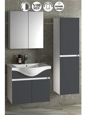 Özceden Yıldız 65+35 cm Beyaz-Antrasit Gri Mat Mdf Seramik Lavabolu Asma Banyo Dolabı Takımı
