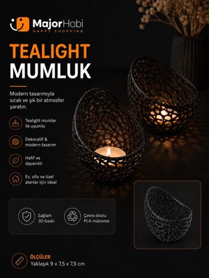 Major Hobi Modern Tealight Mumluk 3D Baskı Dekoratif Mumluk 12x12 cm Şık Masa Üstü Aksesuar