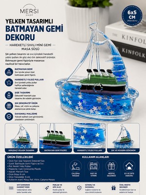 Mersi Shop Yelken Tasarımlı Batmayan Gemi Dekoru | Hareketli Sıvılı Mini Gemi Masa Süsü 6x5 cm