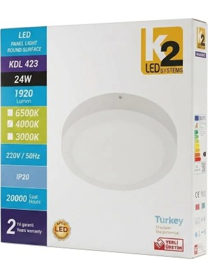 K2 LED Systems Kdl 423 – 24W Yuvarlak LED Panel 4000 K ışık doğal beyaz