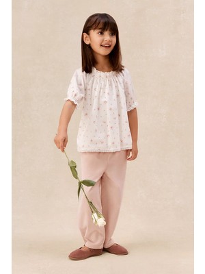 The White Company Organik Pamuklu Çiçek Desenli Bluz ve Fitilli Pantolon Kız Bebek Takımı