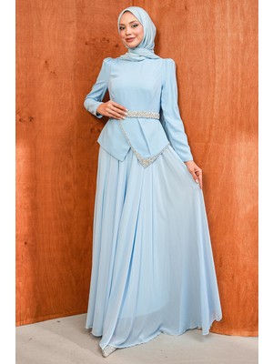 İmaj Butik Bebe Mavi Taş Detaylı Kemerli Abiye