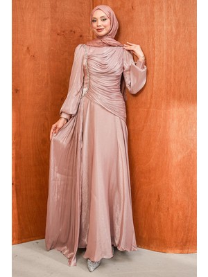 İmaj Butik Pudra Önü Büzgü Taşlı Janjan Abiye