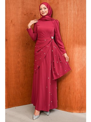 İmaj Butik Bordo Bel Detaylı Taşlı Abiye