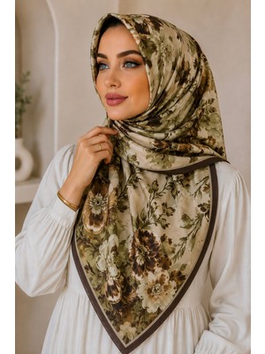 İmaj Butik Haki Kahve Çiçek Desenli Soft Eşarp