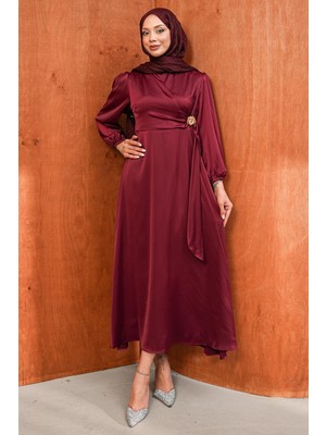 İmaj Butik Bordo Bronş Detaylı Saten Abiye