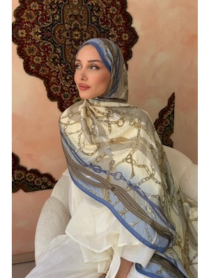 İmaj Butik Mavi Desenli Ipek Şal