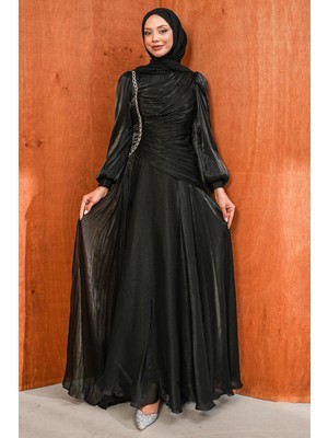 İmaj Butik Siyah Önü Büzgü Taşlı Janjan Abiye