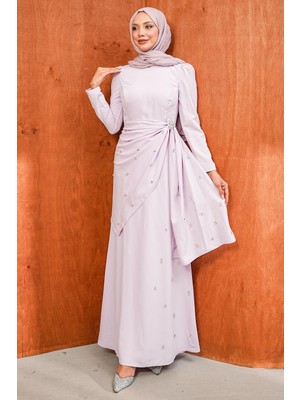 İmaj Butik Lila Bel Detaylı Taşlı Abiye