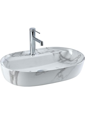 Lena E-2114M1 Tezgah Üstü Lavabo Beyaz Mermer Desenli
