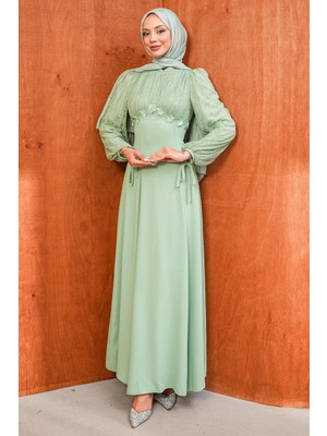 İmaj Butik Mint Yeşili Kol Sırt Bağlama Detaylı Abiye