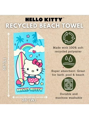 Aesco Franco Sanrio Hello Kitty Süper Yumuşak HAFIF%100 Geri Dönüştürülmüş Plaj Havlusu Geri Dönüştürülmüş Plastik Şişelerden Üretilmiştir, 147 cm x 71 cm (%100 Resmi Lisanslı Sanrio Ürünü)