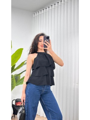 Kzc Tekstil Kadın Halter Yaka Kat Kat Fırfırlı Kolsuz Yazlık Bluz