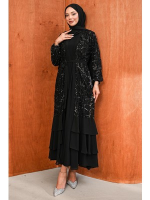 İmaj Butik Siyah Eteği Katlı Fırfırlı Ikili Abaya Takım