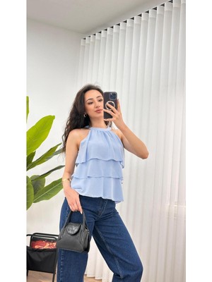 Kzc Tekstil Kadın Halter Yaka Kat Kat Fırfırlı Kolsuz Yazlık Bluz