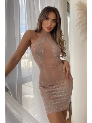 BMD Janna Taşlı Transparan Elbise - Bej