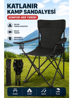 Allmart 1 Adet Kamp Sandalyesi Katlanır Piknik Sandalye Dikdörtgen Bardaklıklı Siyah