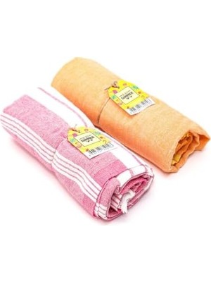 Aesco Pembe ve Turuncu Yıkanmış Pamuk Peştemal Seti
