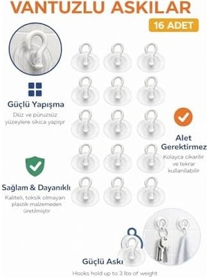 Aesco Şeffaf Cam Vantuzlu Askı Seti 16’lı, 3 cm x 3 cm Kompakt Tasarım, 3 cm Çap Güçlü Vakumlu Yapışma, Delme ve Vidalama Gerektirmez, Iz Bırakmadan Sökülebilir, Banyo Mutfak Duş Camı Fayans Için Uygun