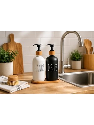 Aesco 2’li Hands Dishes Siyah Beyaz Cam Sıvı Sabunluk Seti 500 Ml, Bambu Standlı Dekoratif Mutfak & Banyo Sabunluk Dispenser Seti Şık Modern Tasarım