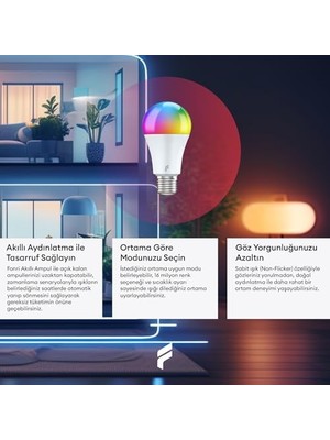 Aesco Fonri Akıllı LED Ampul, 9W-TITREŞIMSIZ, 16.7 Milyon Renk, Sesli Kontrol, 806'LÜMEN, Doğal Sarı ve Beyaz Renk, Ambiyans, Tuya Destekli, 2 Yıl Garantili