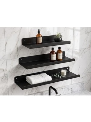 Aesco 3’lü Metal Duvar Rafı Yapışkanlı Raf Seti Banyo Rafı Mutfak Rafı Dekoratif Duvar Rafı Siyah Minimal Raf Organizer Seti 30-35-40 cm