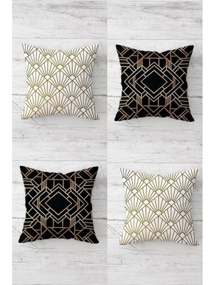 Aesco Gold Geometrik Çizgili Kombin Gizli Fermuarlı Kırlent Kılıfı Koltuk Yastık Kılıfı TAKIM(4ADET), Gold-Siyah-Beyaz 45 x 45