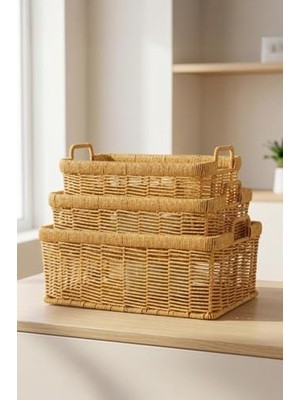 Aesco 3'lü Hasır Rattan Organizer Sepet - BB6064