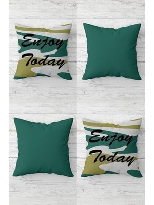 Aesco Enjoy Today Yazılı Gizli Fermuarlı Kırlent Kılıfı Koltuk Yastık Kılıfı TAKIM(4ADET), Petrol Yeşili-Gri 43 x 43