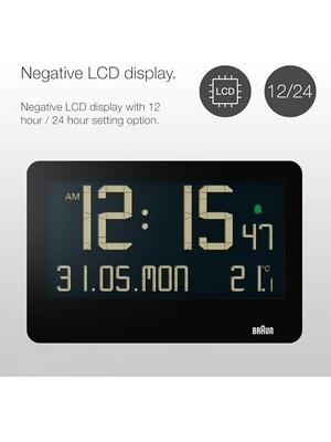 Aesco Dijital Duvar Saati, Iç Mekan Sıcaklığı, Tarih, Haftanın Günü, Büyük Ters LCD Ekran, Hızlı Set, Bip Alarmı, Siyah, Model BC14B