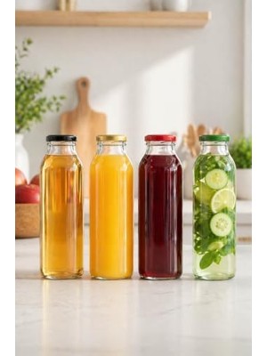 Aesco 250 ml Şeffaf Hale Cam Şişe, Yeşil Metal Kapaklı, Meyve Suyu ve Içecekler Için, 250 Cc, Yerli Üretim, 15 Adet