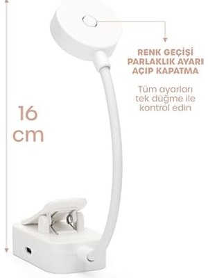 Aesco Şarjlı Ayarlı Klipsli Mini Kitap Okuma Lambası Mandallı Işık Masa Lambası Kitap Okuma Işığı AV3310
