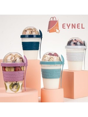 Aesco Renkli Take And Go Kaşıklı Hazneli Meyveli Yoğurt Kabı Piknik Iş Atıştırmalık Diyet Müsli Granola Süt Bardağı (Gece Mavisi)