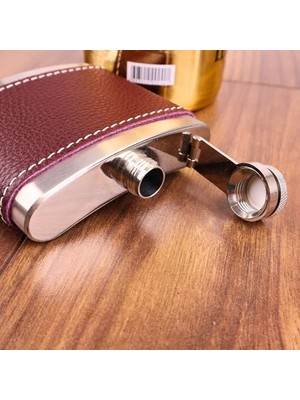 Aesco Perlotus 5 OZ-150 cc Hunili Kahve Brown Deri Kılıf Çelik Viski Içki Konyak Matarası