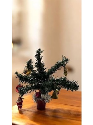 Aesco Mini Yılbaşı Ağacı, LED Işıklı, Kırmızı Saksılı, Yeşil ve Kırmızı, 25 Cm, Plastik Yapay Çam, Noel Baba Süslemeli, Masa Üstü Dekoratif