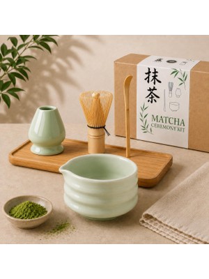 Aesco 4lü Matcha Set Kase Kaşık Whisk Tutucu Bambu Whisk Çırpıcı ve Bambu Kaşık MT217