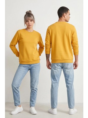 Borboleta Home Sarı Unisex Regular Fit Sweatshirt Baskıya Uygun Şardonlu 3 Iplik 300 Gsm Bisiklet Yaka Düz Sweat