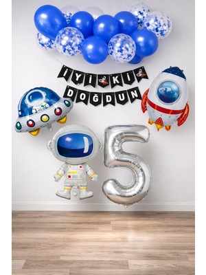 Aesco Patladı Gitti Uzay Konsepti Doğum Günü Parti Kutlama Seti; Astronot, Ufo ve Uzay Gemisi Folyo Balon Set (5)