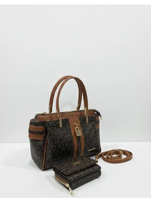 Just Polo Kadın Lüks El & Omuz Çantası Gold Detaylı Özel Tasarım Çanta ve Uyumlu Cüzdan 22X28 cm