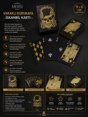 Mersi Shop Varaklı Kurukafa Iskambil Oyun Kartı | Altın Varak Detaylı Standart Oyun Kartı Destesi 9x6 cm