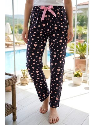 Remsa Kadın Viskon Kumaş Pembe Kalp Desen Penye Tek Pijama Alt 39 SIYAH04