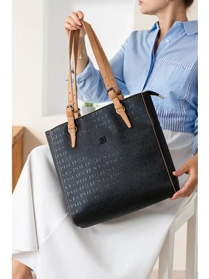 Just Polo Kadın Siyah Taba Büyük Boy El Çantası ve Cüzdanı Kombin 31 x 32 cm