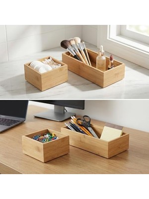 Aesco 2'li Çok Amaçlı Bambu Organizer Set - Büyük ve Küçük Boy Banyo, Mutfak ve Ofis Düzenleyici Kutu - Ahşap Dekoratif Saklama Seti (33X16X12 cm & 15X15X6 Cm)