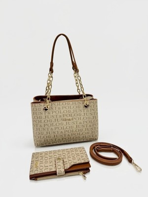 Just Polo Özel Günlere Uygun Baskılı Şık Omuz Çantası ve Cüzdanı Kombin Shopper